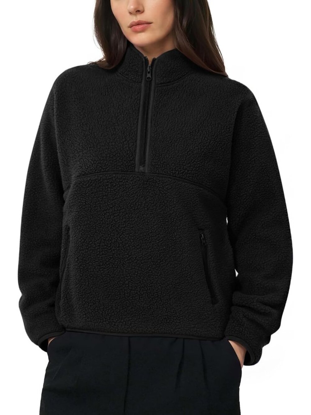 Women's Black Mock Neck Quarter ZIP Fleece Sherpa Pullover Warm Sweatshirt